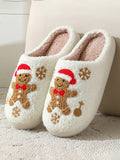 Festive gingerbread plush slippers with embroidered design and fluffy lining
