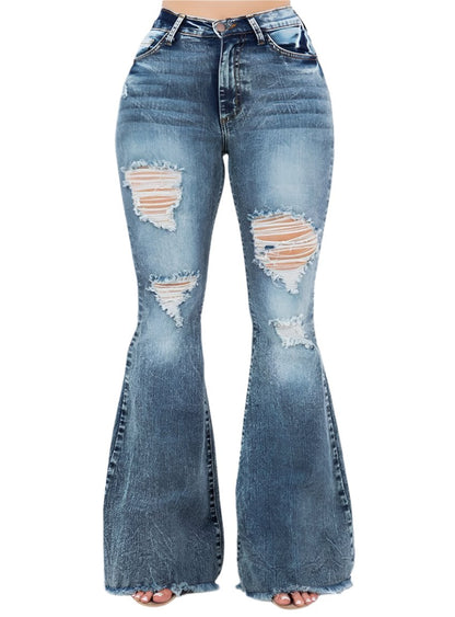 High-rise distressed bell bottom jeans with frayed hem and ripped details.
