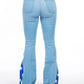 Back view of GJG Denim Star Bell Bottom Jeans highlighting the frayed hem and back pockets.
