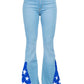 Front view of GJG Denim Star Bell Bottom Jeans showcasing the high-rise fit and side inserts.
