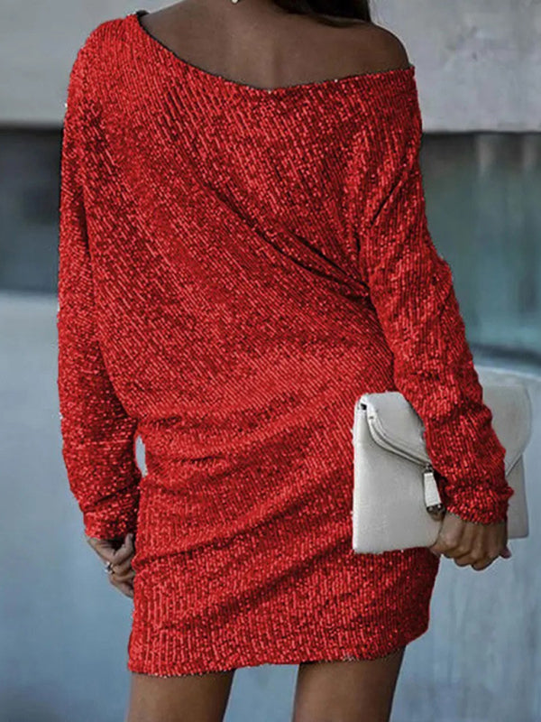 Red off-shoulder sequin dress for holiday and New Year’s Eve events.
