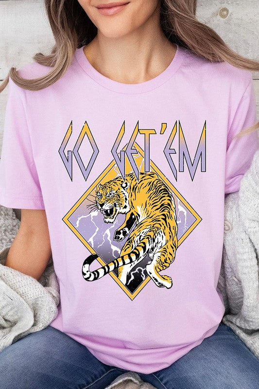 Pink "Go Get 'Em" tiger graphic tee perfect for game days or casual wear.