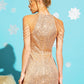 Back view of a gold bodycon dress with a zipper and beaded shoulder details.
