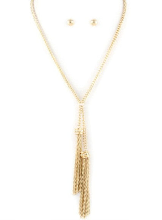 Elegant gold chain necklace with tassel accents and coordinating gold stud earrings