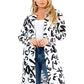 Graphic print long jacket with open front design and abstract black and white pattern
