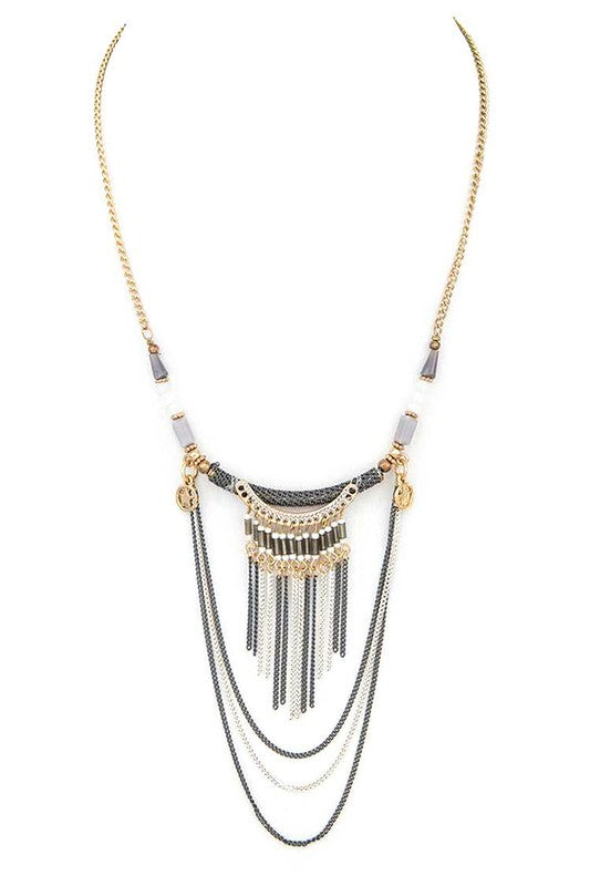 Beads and layer chains necklace in gray featuring delicate beadwork and cascading chains for a sophisticated touch.