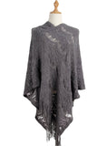 Gray boho knit poncho sweater with fringe details
