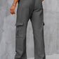 Casual gray cargo pants for women styled with a relaxed fit.
