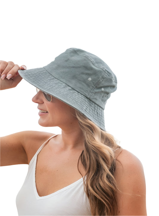 Gray distressed cotton bucket hat with breathable fabric and timeless design.