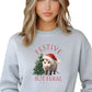 Front view of a gray "Festive but Feral" opossum sweatshirt in unisex sizing.
