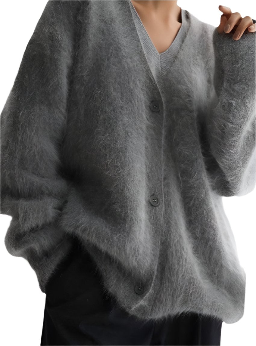 gray fuzzy oversized button-front cardigan