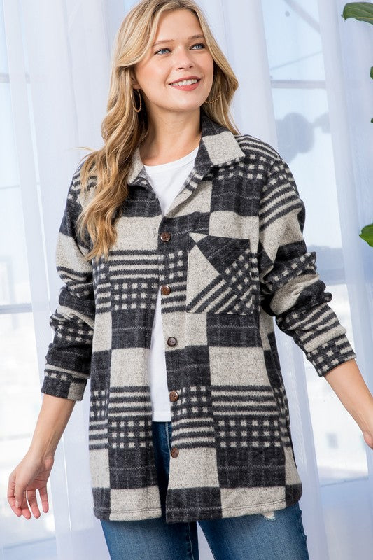 cozy gray plaid flannel shacket, oversized fit for layering
