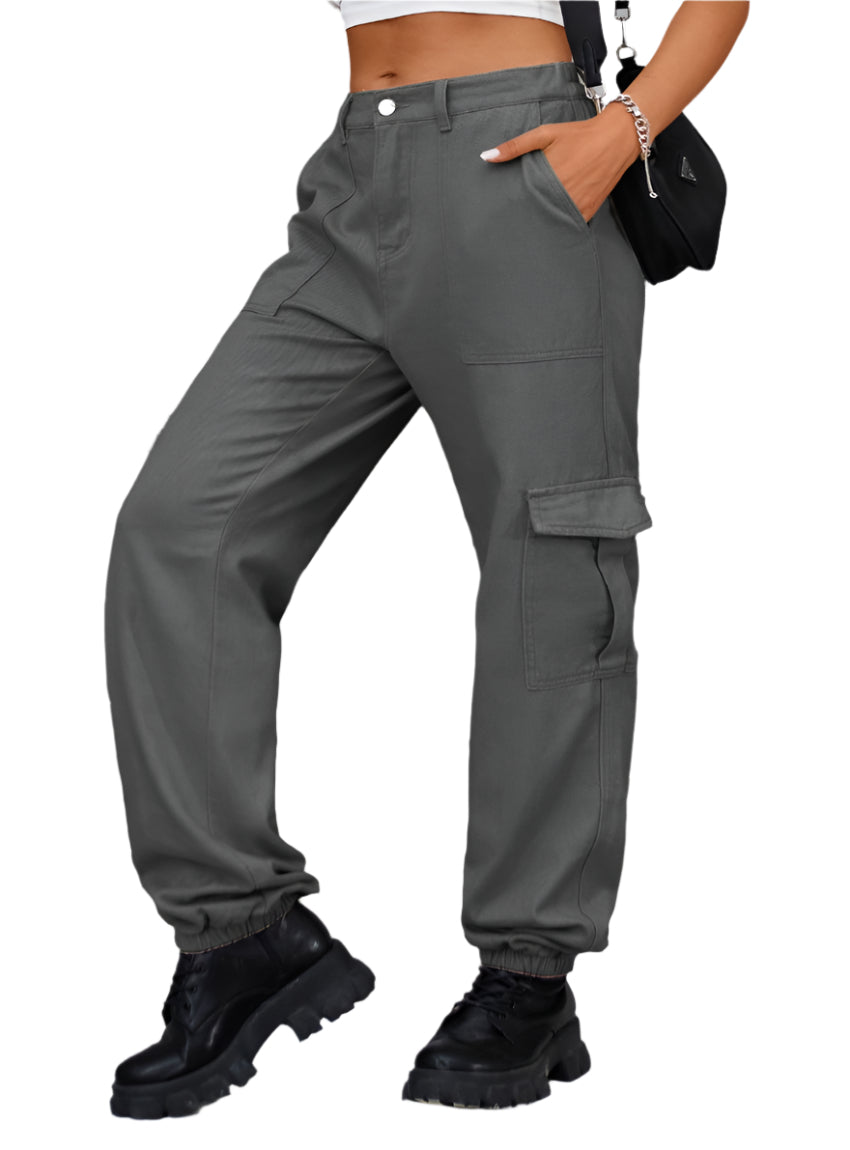 Gray buttoned cargo pants with a high waist and casual fit.
