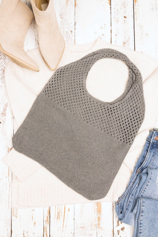 Gray soft-knit hobo bag with lightweight construction and durable design.
