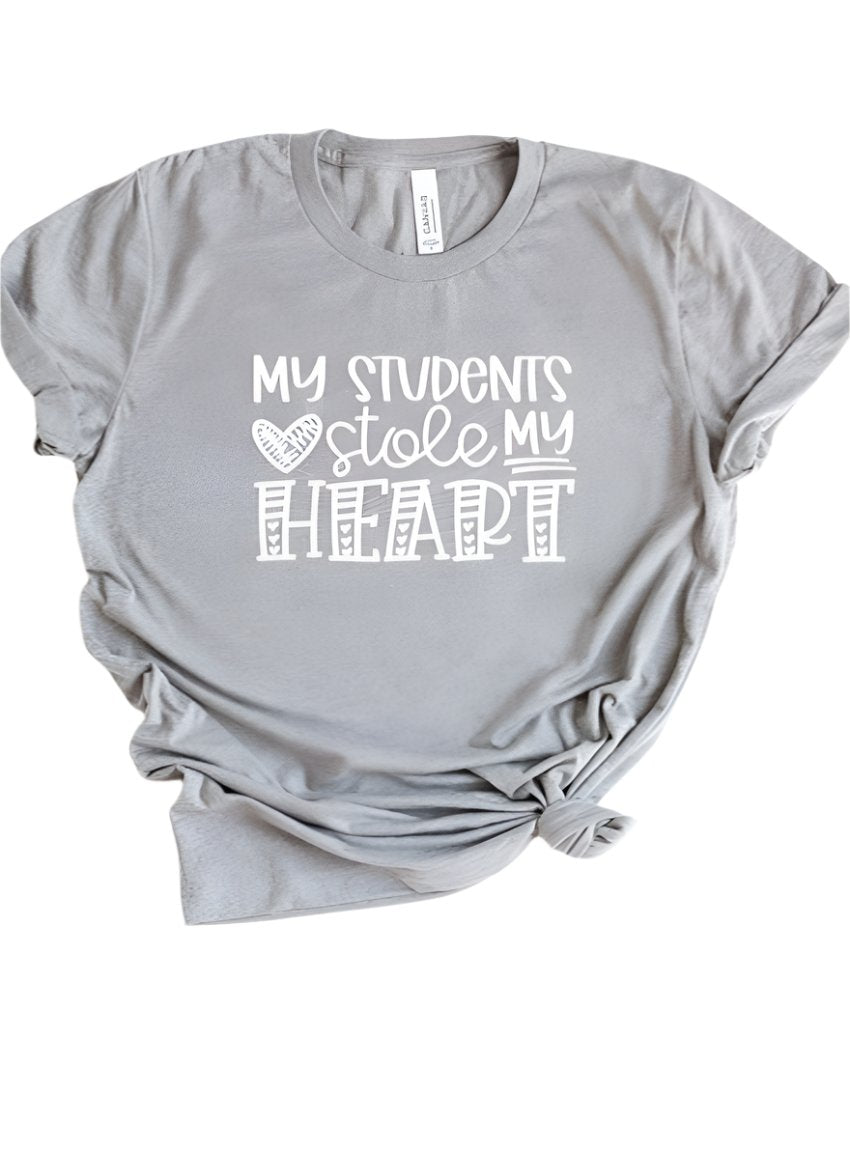 Gray "My Students Stole My Heart" graphic tee, front view