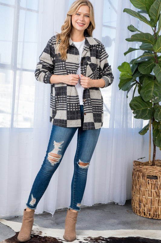 oversized gray plaid flannel shacket with long sleeves, perfect for fall
