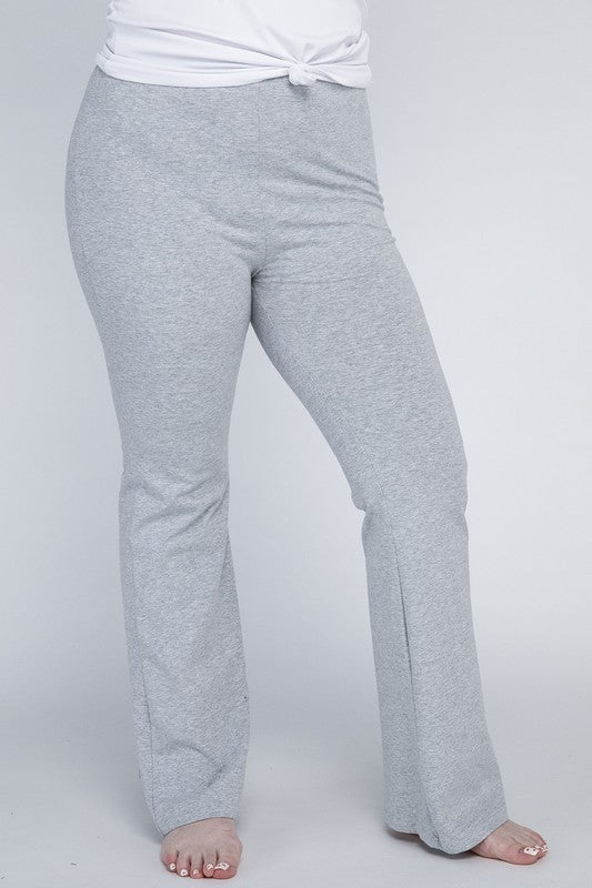 Plus size gray flare bottoms with an elastic waist.
