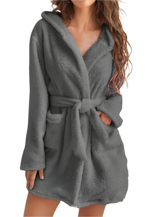 Plush hooded fleece robe in gray, perfect for staying warm during winter.
