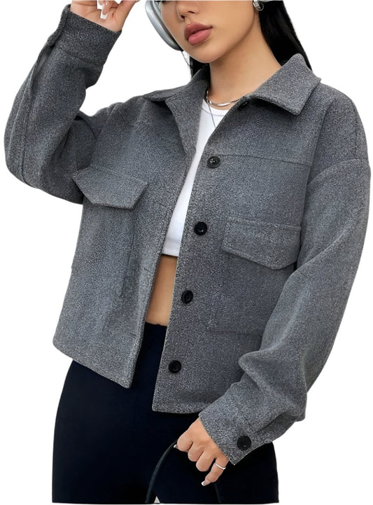 Front view of a women's gray shacket with a button-up front and oversized pockets.
