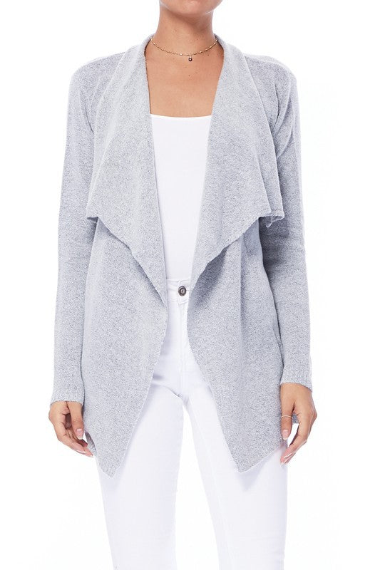 gray open front cardigan with shawl collar
