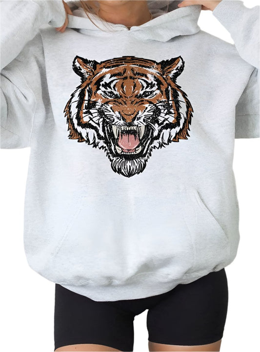 Gray tiger hoodie featuring a fierce graphic print, casual fit
