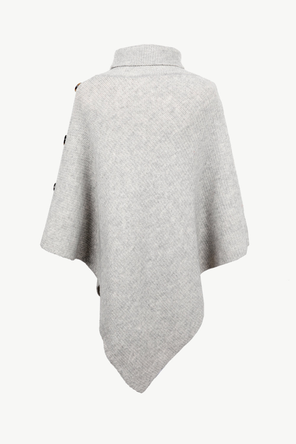 Women’s gray ribbed knit poncho with cozy turtleneck.
