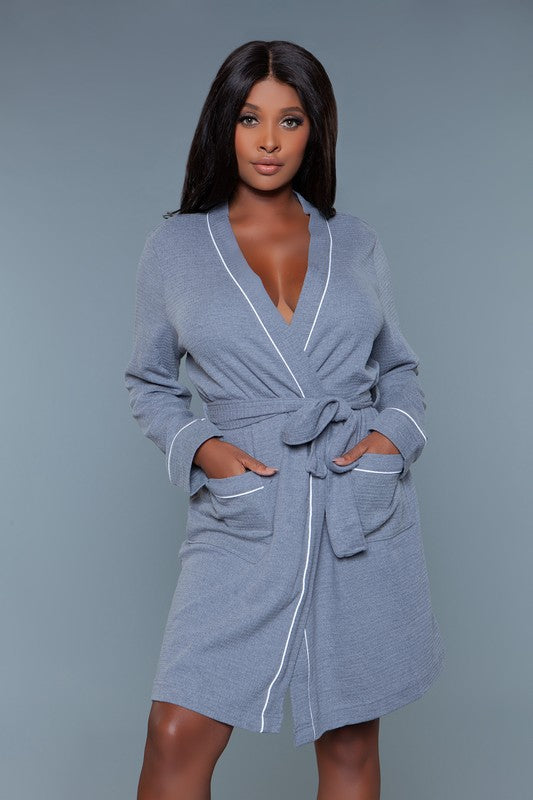 Full-length view of a gray waffle robe with a belted waist and comfortable fit.
