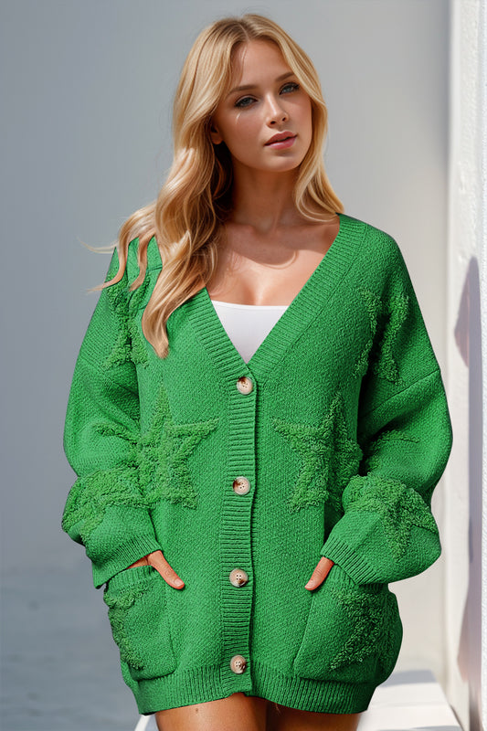 Knit green cardigan featuring playful star design.
