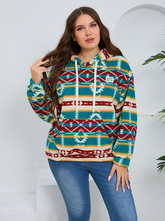 Front view of green geometric print plush hoodie showcasing vibrant patterns and relaxed fit.
