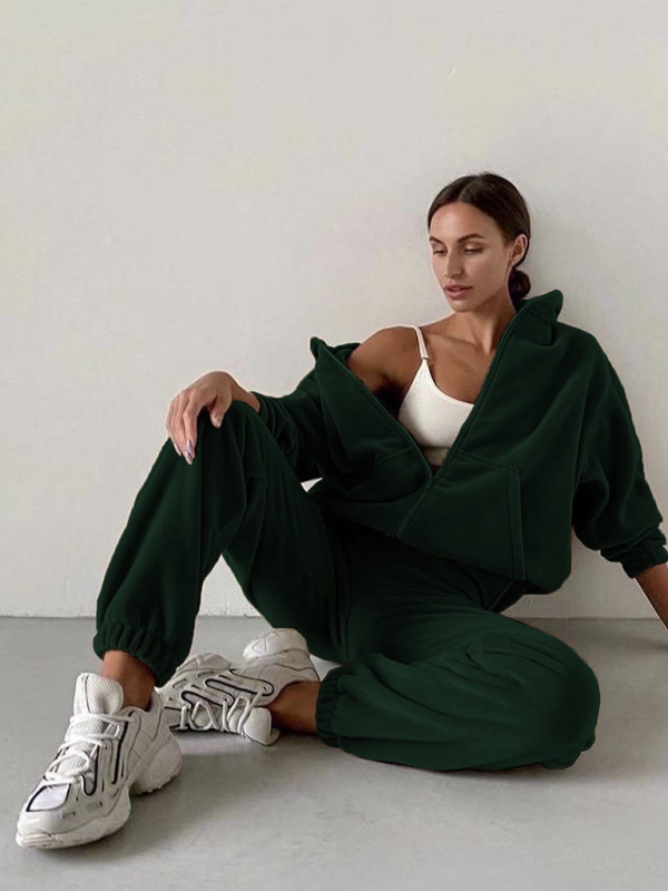 Green hooded leisure sweater set featuring a relaxed fit and casual style.
