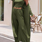 Green 3-piece pant suit featuring a stylish duster jacket and wide-leg pants
