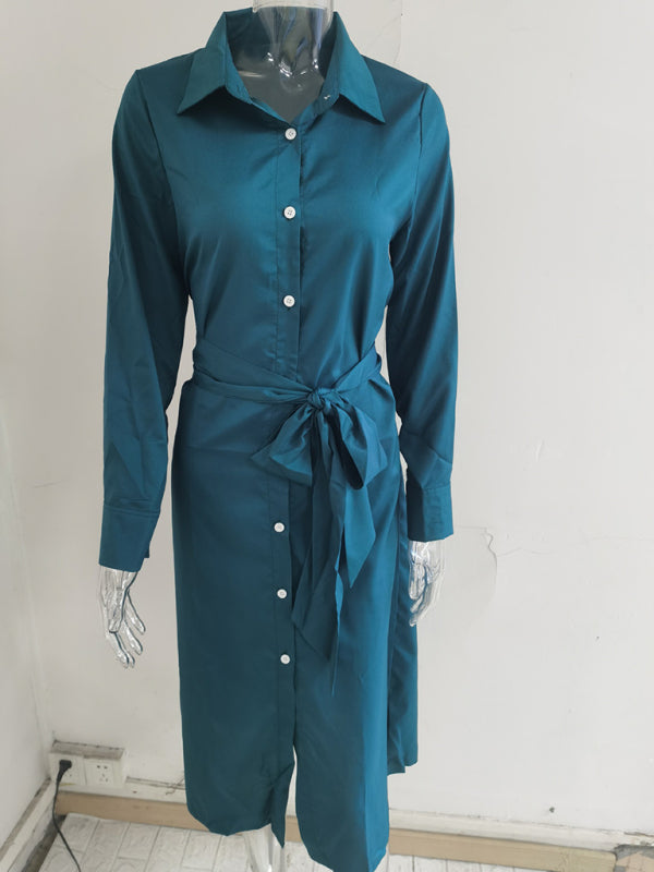 Long Sleeve Button-Up Belted Shirt Dress