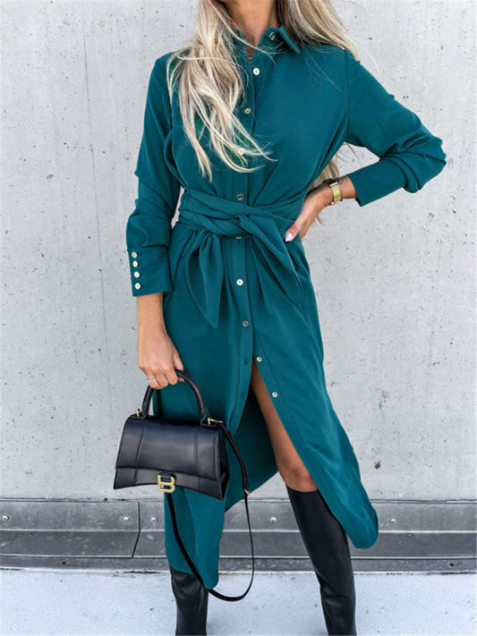 Long Sleeve Button-Up Belted Shirt Dress