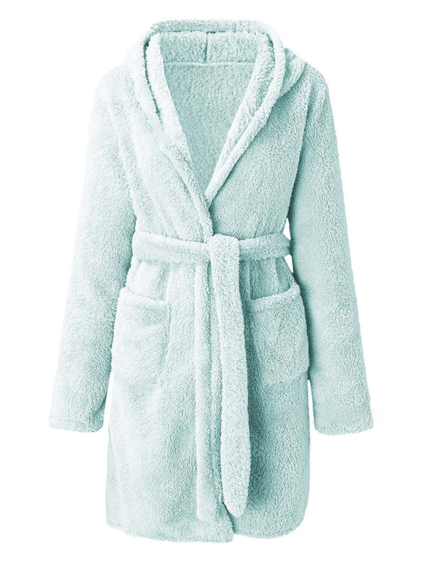 Green fleece hooded robe with belted waist and relaxed fit for comfort.
