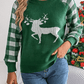 Front view of green reindeer knit sweater with buffalo plaid sleeves, great for festive holiday outfits.