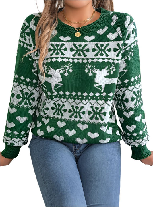 Front view of the green festive reindeer snowflake sweater, perfect for the holiday season.

