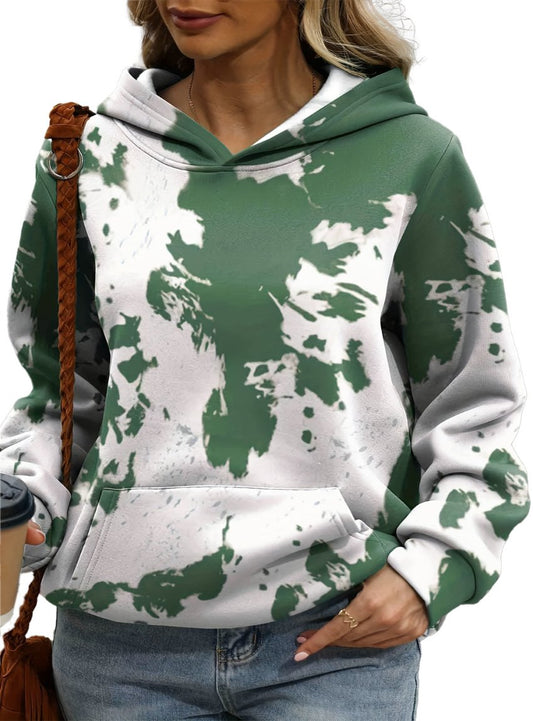 Front view of green tie dye print kangaroo pocket loose hoodie.