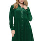 Green velvet holiday dress with a button-up front and long sleeves, front view
