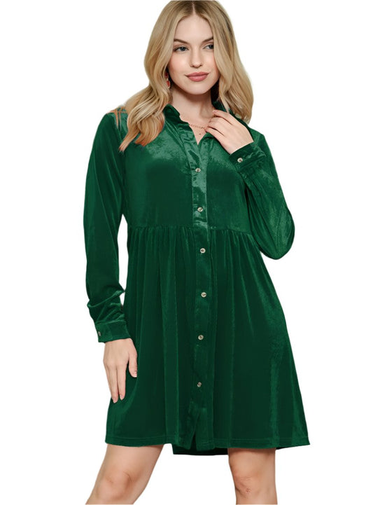 Green velvet holiday dress with a button-up front and long sleeves, front view
