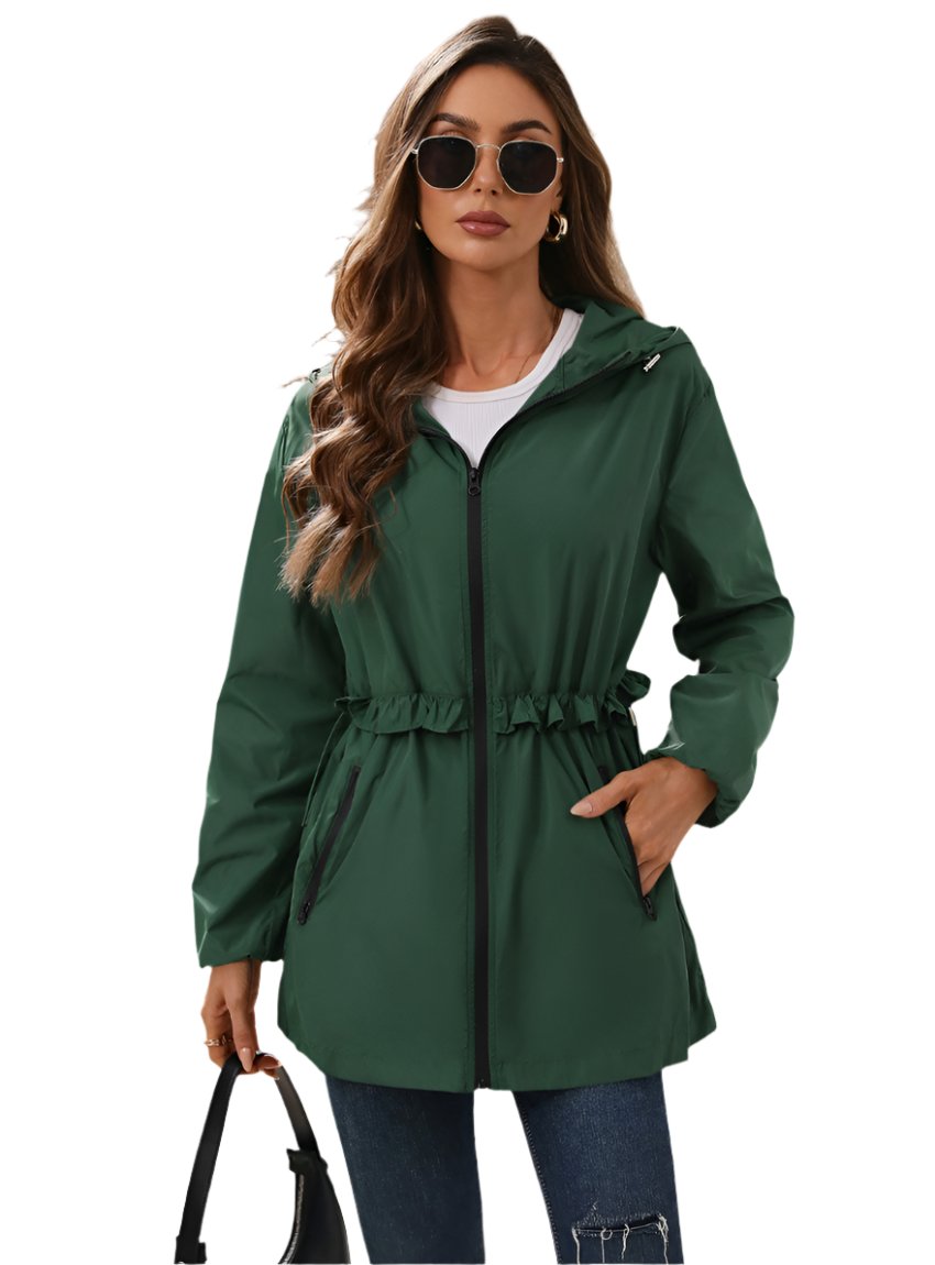 Front view of a green waterproof womens rain jacket with a zippered front and hood.
