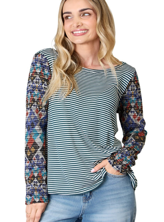 Front view of Hailey & Co Striped Round Neck Geometric Long Sleeve T-Shirt.