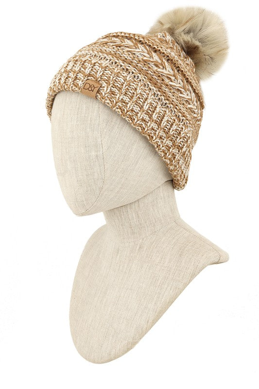 Comfortable camel beanie with detailed chevron design and fur accent

