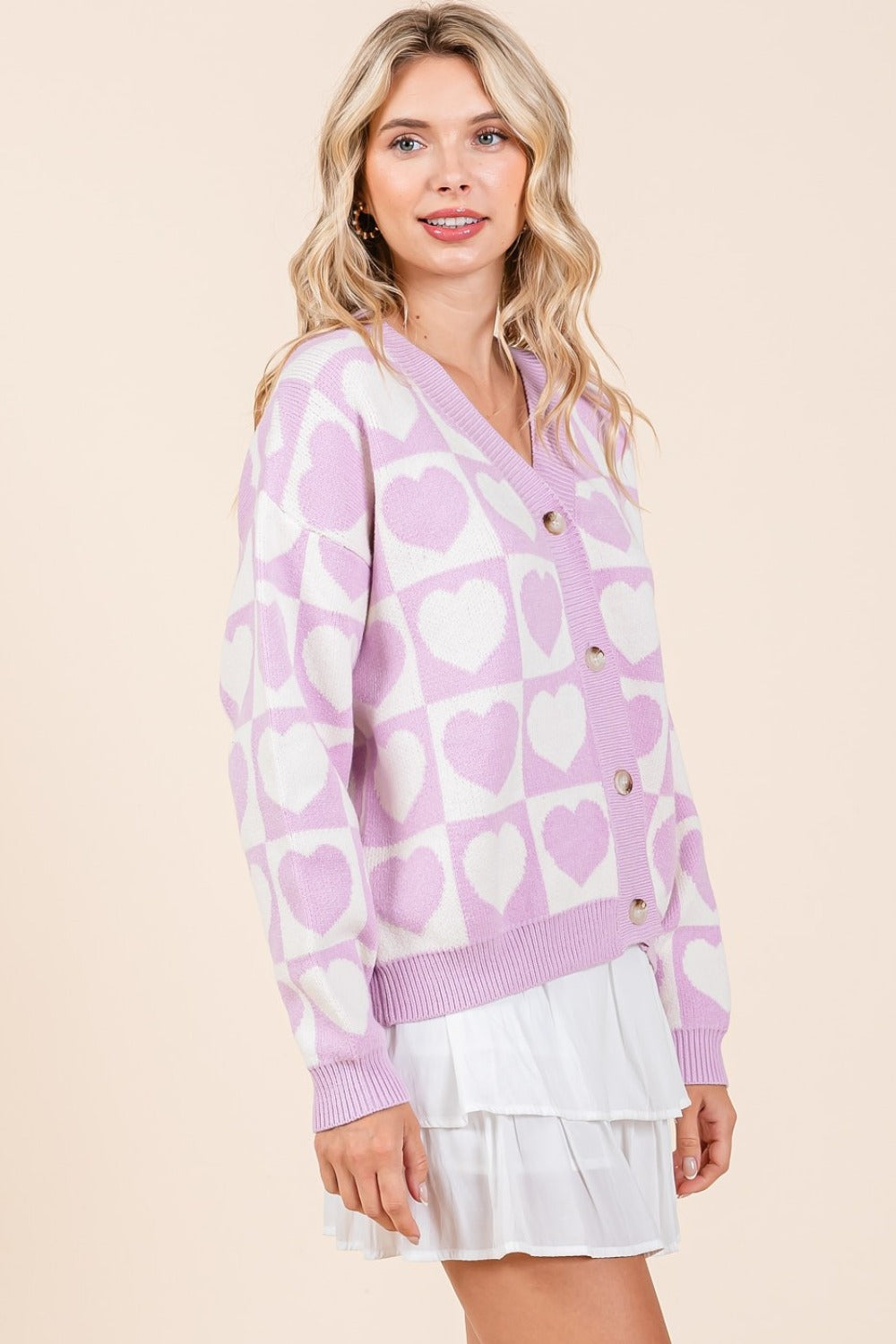 Stylish lilac heart-patterned sweater for women’s casual outfits
