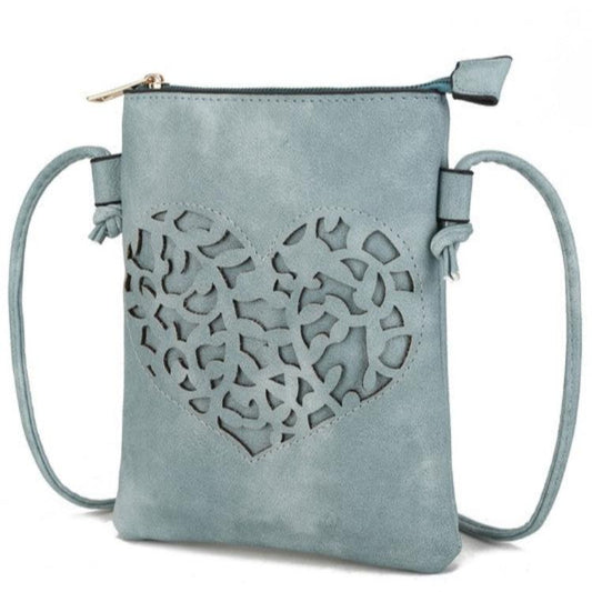 Light blue crossbody bag with decorative heart cutout and adjustable strap