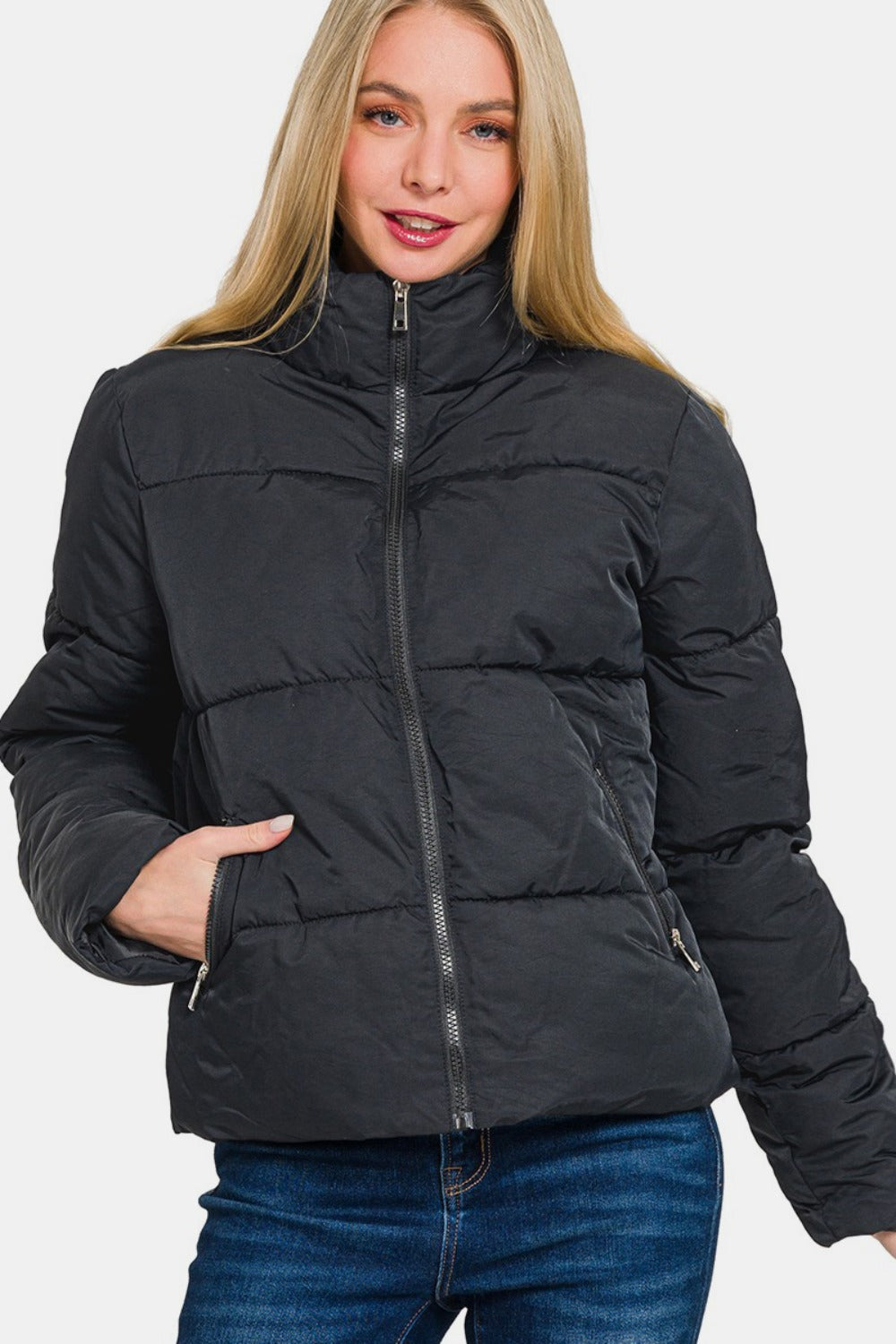 Versatile winter style with high-neck black puffer jacket
