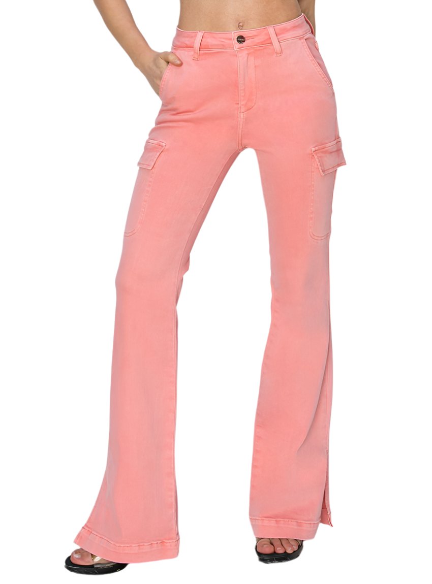 Front view of RISEN High Rise Side Slit Cargo Bootcut Jeans in Pink