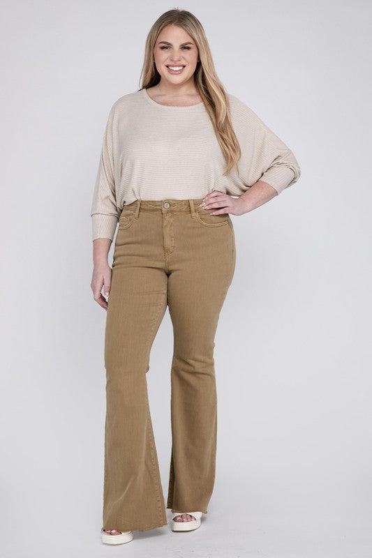 Angled view of retro-inspired super flare jeans in a comfortable stretch fabric.
