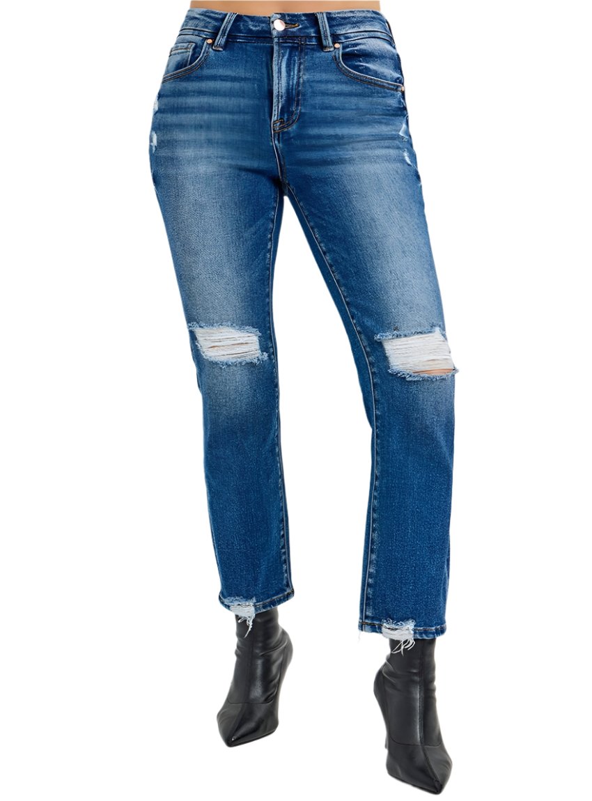 Front view of women’s cropped distressed jeans with rips and a high-rise waist.
