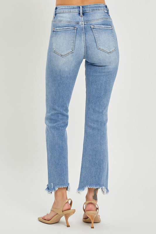 Light-wash cropped jeans with frayed hem and high-rise waist
