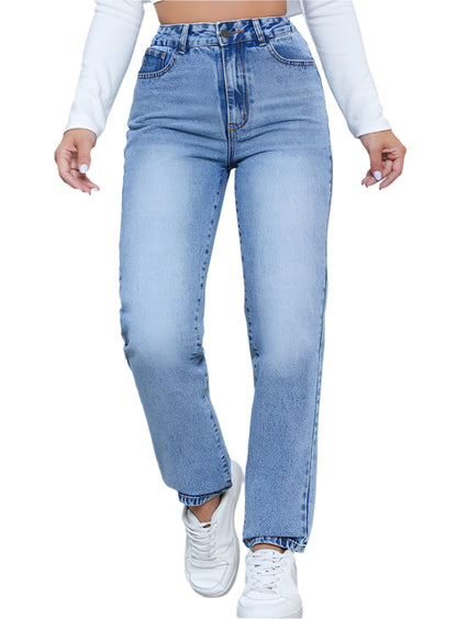 Front view of high-rise slim straight-leg jeans in light wash showcasing a sleek design.
